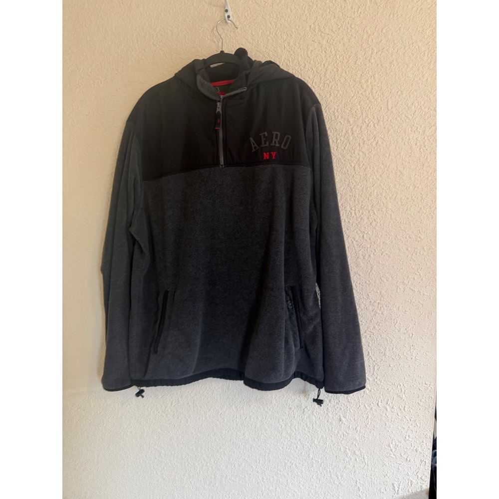 Aeropostale Mens XXL Quarter Zip Fleece Hoodie Colorblock Grey Black AERO NY - Picture 1 of 8